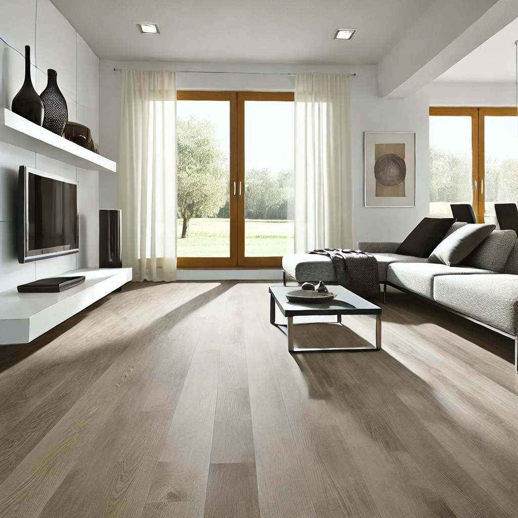 DALL·E 2024-09-03 14.16.02 - A modern living room featuring a floor made of CLUP (Composito Laminato Ultra Performance). The floor has a sleek, high-quality finish that mimics the Un design elegante, con il pavimento in CLUP che imita l'aspetto del legno naturale o della pietra, in una stanza luminosa e ben arredata.