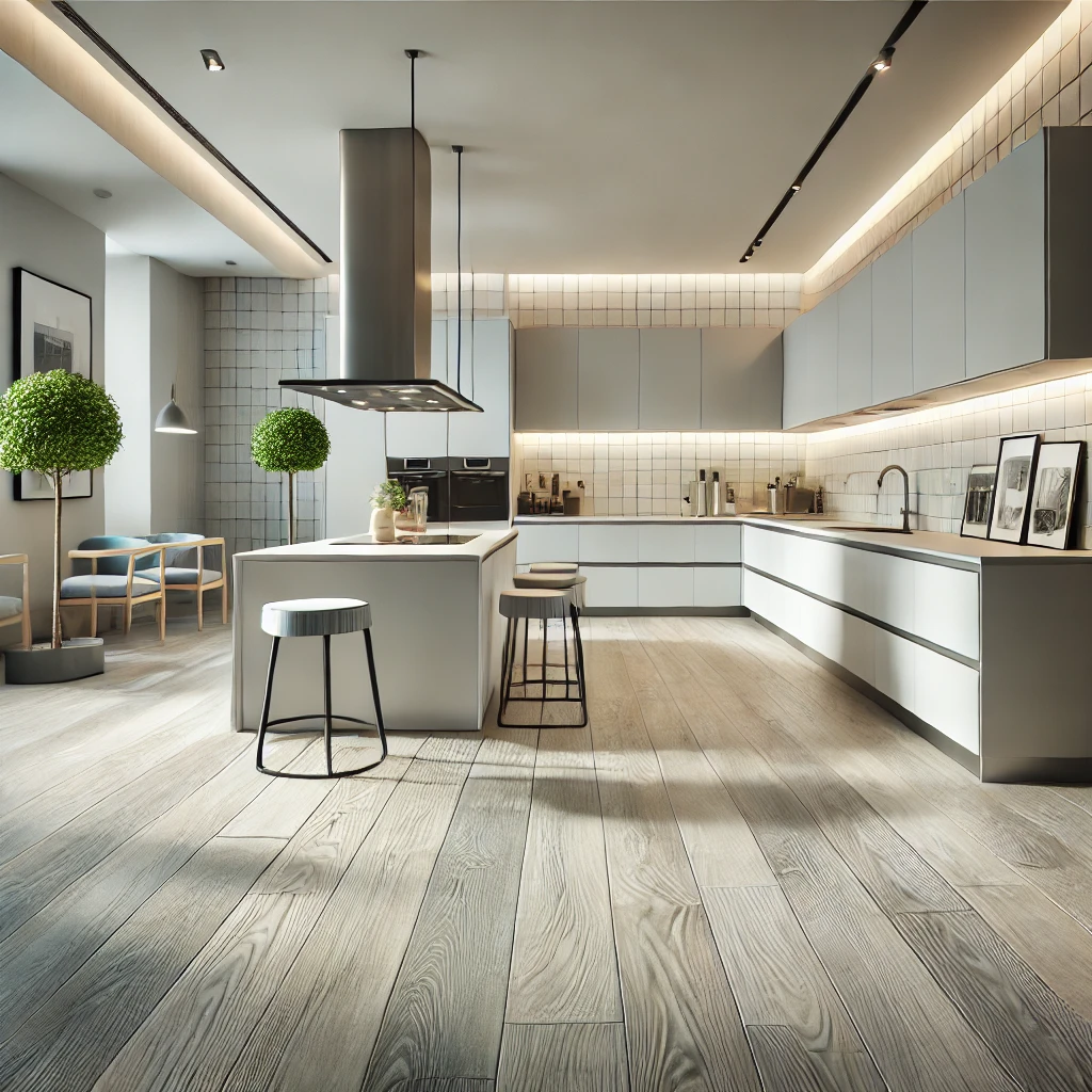 DALL·E 2024-09-03 14.16.05 - A contemporary kitchen featuring a floor made of CLUP (Composito Laminato Ultra Performance). The floor has a high-quality, sleek finish, resistant to Un design elegante, con il pavimento in CLUP che imita l'aspetto del legno naturale o della pietra, in una stanza luminosa e ben arredata.