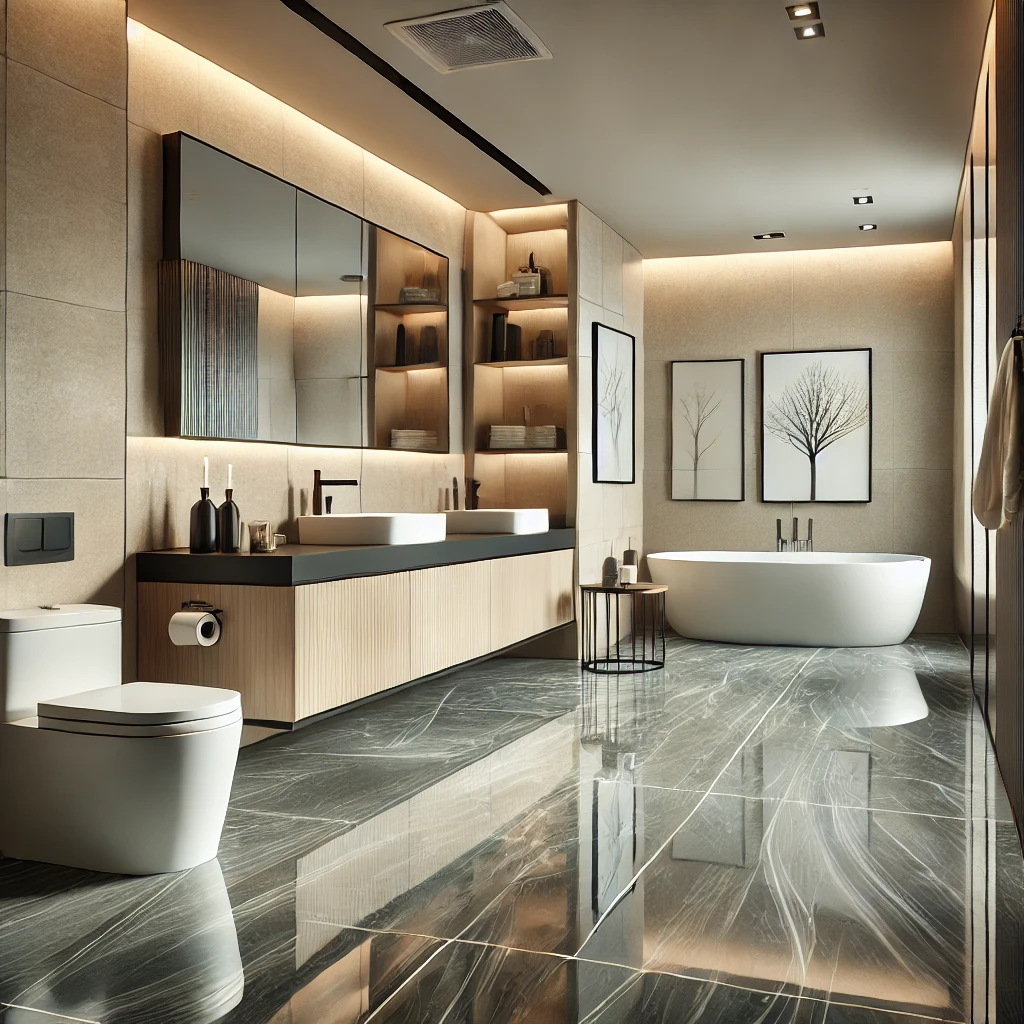 DALL·E 2024-09-03 14.16.08 - A stylish, contemporary bathroom featuring a floor made of CLUP (Composito Laminato Ultra Performance). The floor has a sleek, water-resistant finish, La cucina è moderna e minimalista, con un pavimento resistente e di alta qualità, perfetto per ambienti come questo.