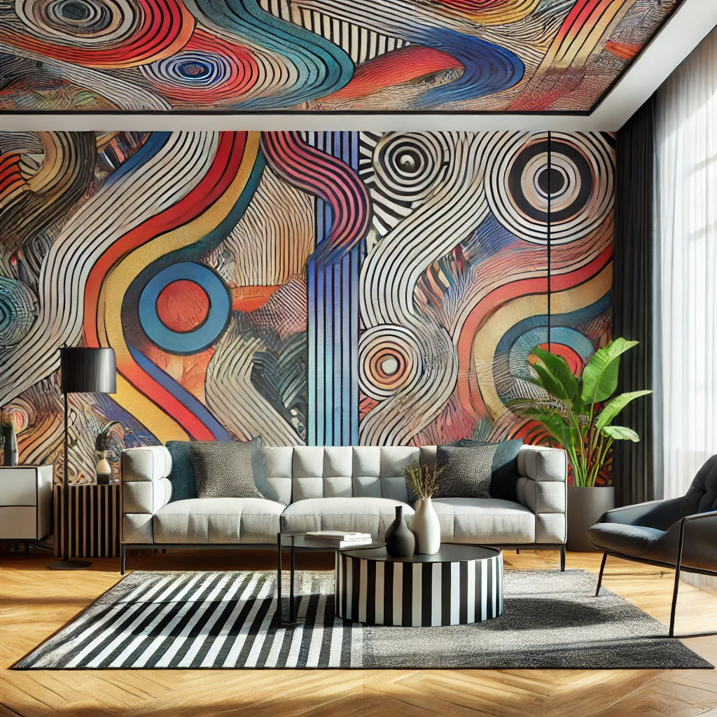 DALL·E 2024-09-03 15.13.50 - A contemporary living room featuring wallpaper with a bold, abstract pattern in vibrant colors. The wallpaper serves as an accent wall, adding a strik Questa carta da parati è utilizzata come parete d'accento, creando un punto focale sorprendente e dinamico nell'ambiente