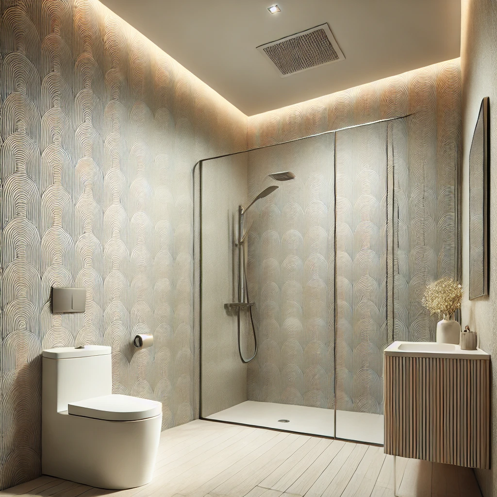 DALL·E 2024-09-03 15.18.52 - A stylish bathroom featuring wallpaper made of fiberglass. The wallpaper has a simple yet elegant pattern, suitable for wet environments. The bathroom Un bagno con carta da parati in fibra di vetro, ideale per resistere all'umidità, con un motivo semplice ma elegante.