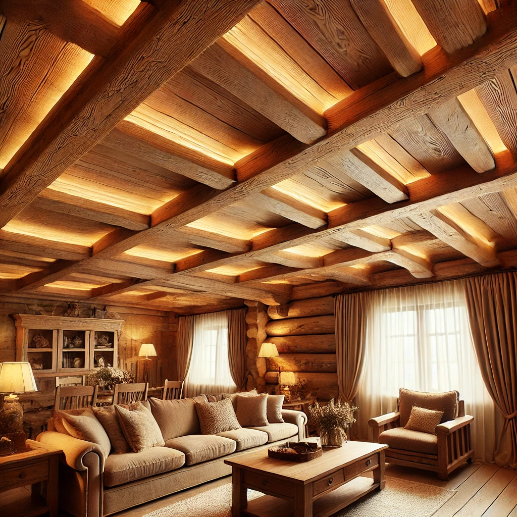 DALL·E 2024-09-04 10.54.54 - A cozy, rustic living room featuring polyurethane beams designed to look like wooden ceiling beams. The beams have a natural wood texture and are arra Le travi aggiungono un tocco di fascino rustico allo spazio, creando un'atmosfera calda e invitante