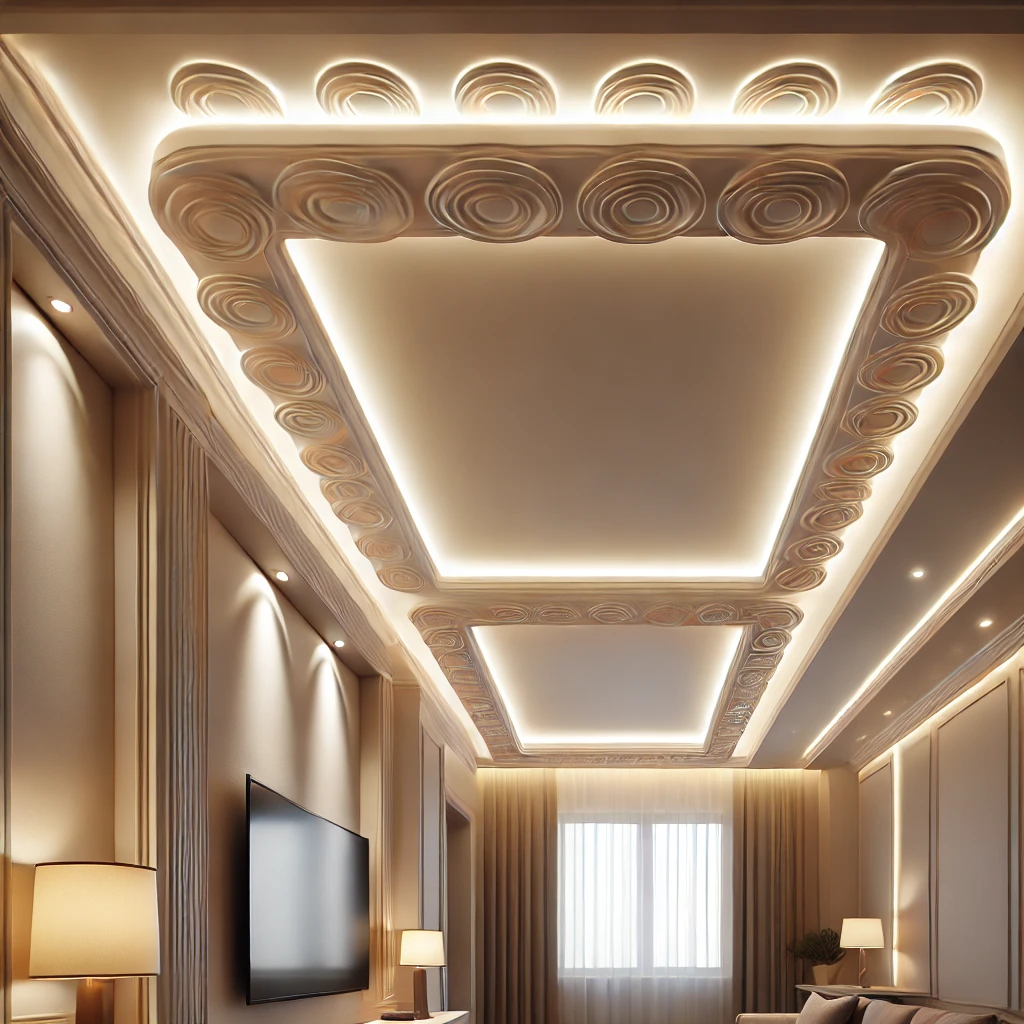 DALL·E 2024-09-04 10.54.59 - A modern living room featuring LED cornices made of polystyrene. The LED lights are hidden behind decorative cornices along the ceiling, casting a sof 3. Cornici LED</p>
<p>Le cornici LED sono una soluzione moderna che unisce funzionalità e design. Queste cornici decorative in polistirolo o poliuretano vengono applicate lungo i soffitti o le pareti, nascondendo strisce LED che illuminano indirettamente l’ambiente, creando un’atmosfera soft e raffinata. Oltre a dare un tocco di luce soffusa, le cornici LED possono anche essere utilizzate per definire aree specifiche della casa, come il soggiorno o la camera da letto, senza la necessità di interventi strutturali invasivi.
