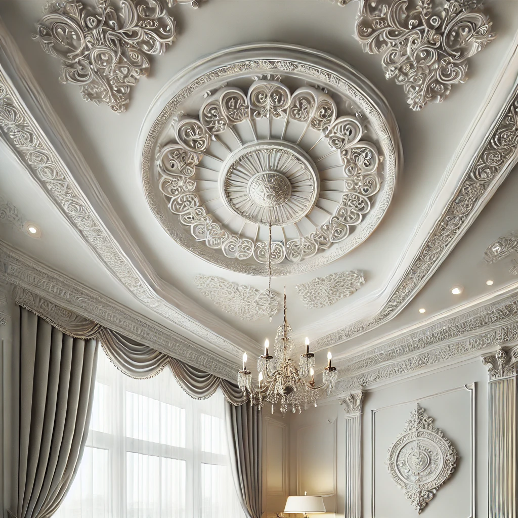 DALL·E 2024-09-04 10.55.10 - A detailed image of a living room featuring elegant decorative cornices and ceiling rosettes made of polystyrene. The room has a modern-classic style, Una stanza elegante con cornici decorative e un grande rosone al centro del soffitto.