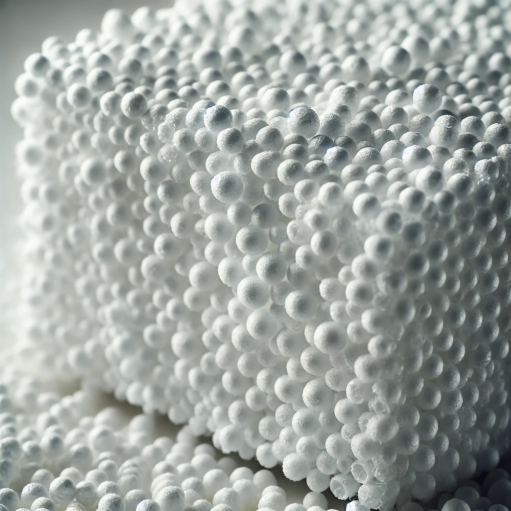 DALL·E 2024-09-04 10.59.37 - A close-up image of raw polystyrene material, showing its lightweight, white, and foam-like texture. The focus is on the small beads and porous surfac Questo primo piano mette in risalto i dettagli tipici del polistirolo, spesso utilizzato in costruzione e decorazione.